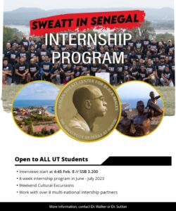 Poster reading Sweatt in Senegal Internship Program - Open to all UT Students 